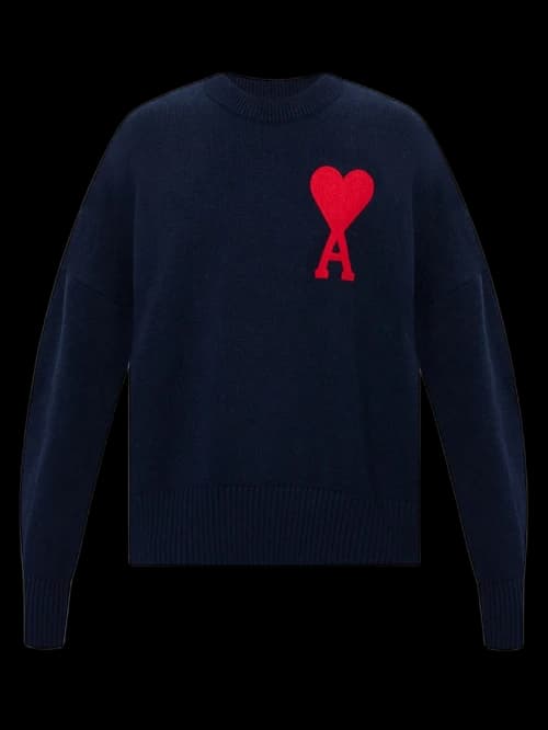 Ami Paris Ami De Coeur Knitted Cotton Crewneck Navy/Red