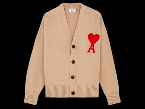 Ami Paris Ami De Coeur Merino Wool Oversize Cardigan Beige/Red