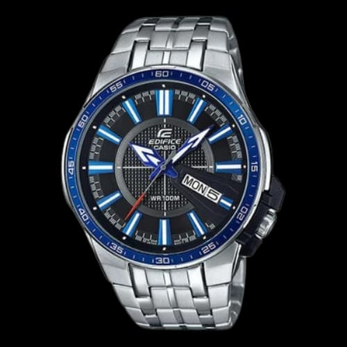 CASIO EDIFICE Series 100m Waterproof Quartz Mineral Glass Lens Stainless Steel Strap Silver Black Watch Mens