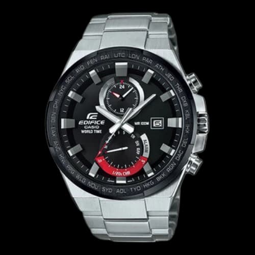 CASIO EDIFICE Series Waterproof Stainless Steel Universal Time Watch Mens Black Analog