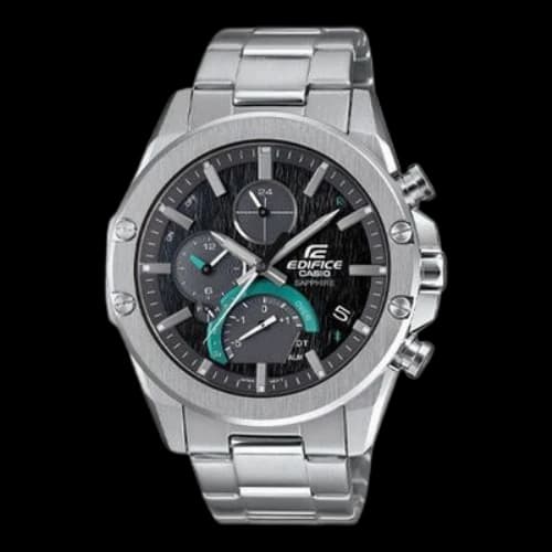 CASIO EDIFICE Quartz Waterproof Sapphire Crystal Solar Powered Black DialSilver Strap Mens BlackSilver Analog