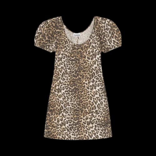GANNI Printed Gathered U Neck Mini Dress 'Leopard'