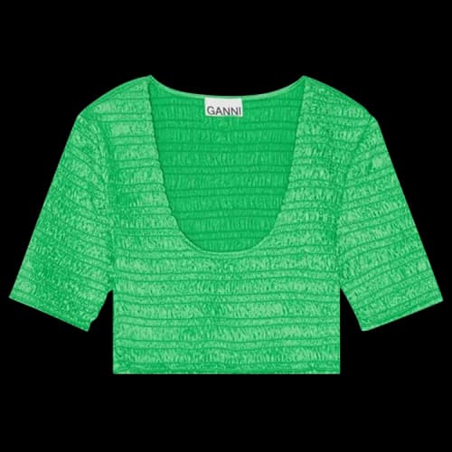 GANNI Crinkled Satin Cropped Smock Blouse 'Green'