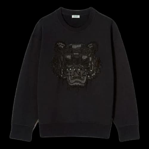KENZO Embroidered Tiger Head Logo Round Neck Black Hoodie (Women's)