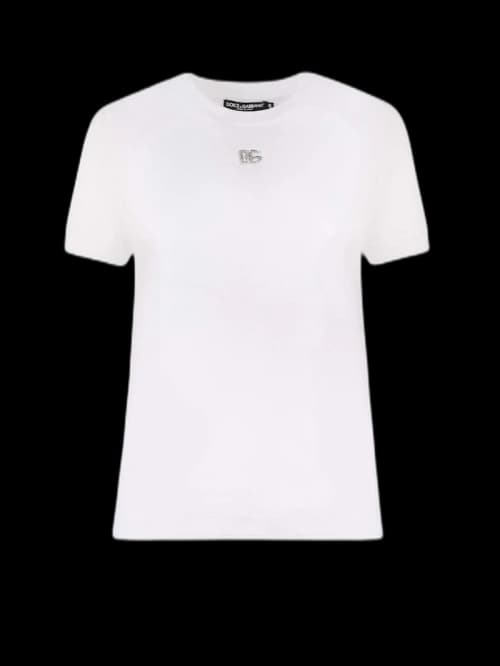 Dolce & Gabbana Woman Cotton Rhinestones Logo Detail T-Shirt White