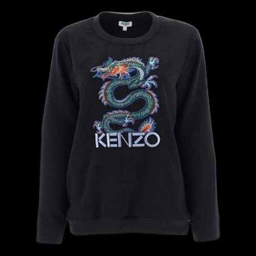 KENZO Tiger Head Round Neck Fleece Lined Pullover Cartoon Long Sleeves Hoodie Black (Women's)