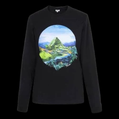 KENZO Snow Mountain Painting Pattern Round Neck Long Sleeves Black T-Shirt