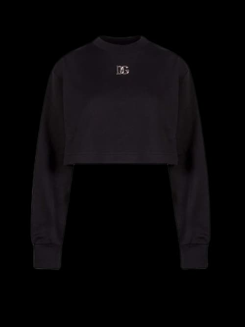 Dolce & Gabbana Woman Crop Fit Cotton DG Patch Sweatshirt Black