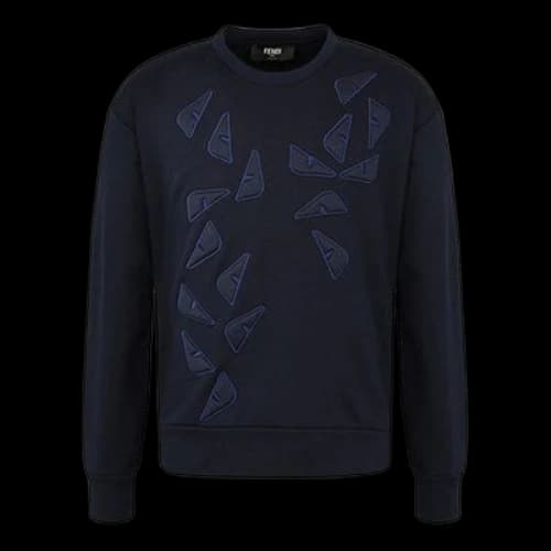 FENDI Eye Logo Embroidered Long Sleeves Round Neck Pullover Dark Blue