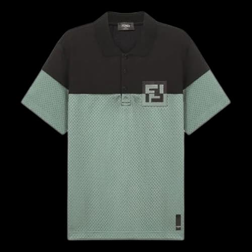 FENDI SS21 Embroidered Logo Hollow Out Short Sleeve Black Sage Green Polo Shirt