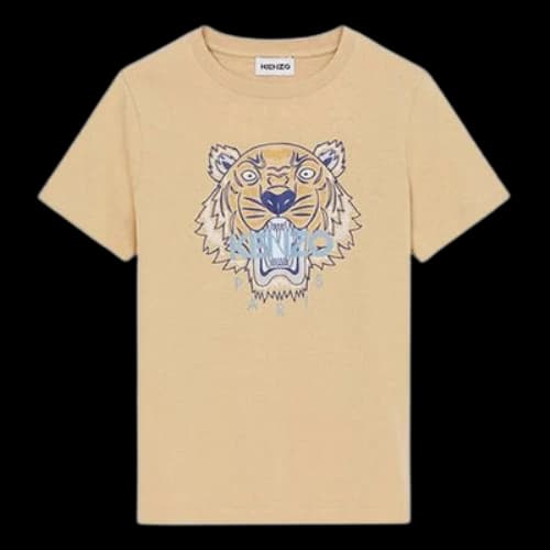 KENZO SS21 Tiger Head Cartoon Printing Round Neck Short Sleeve Cream Yellow T-Shirt
