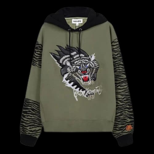 KENZO Pattern Fleece Lined Loose hooded Long Sleeves Olive Green