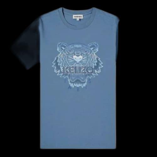 KENZO SS21 Alphabet Tiger Head Printing Pattern Round Neck Short Sleeve Blue