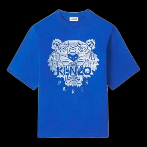 KENZO SS21 Tiger Head Pattern Embroidered Logo Loose Round Neck Short Sleeve Blue