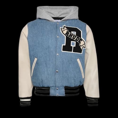 Rhude Washed Denim Hooded Varsity Jacket 'Indigo/Creme'
