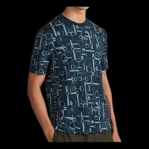 HERMES Labyrinthe Equestre Full Print Pattern Printing Round Neck Short Sleeve Blue