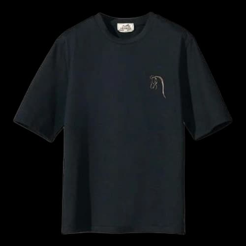 HERMES Cortex Detail Embroidered Round Neck Short Sleeve Navy Blue T-Shirt