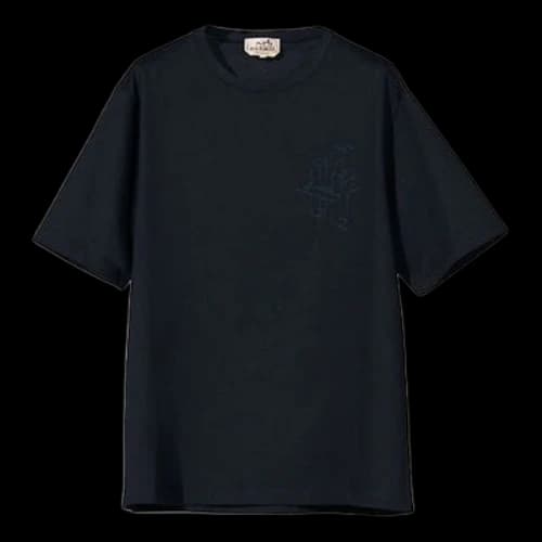 HERMES 3D Embroidered Pattern Cotton Round Neck Short Sleeve Black T-Shirt