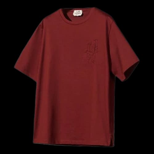 HERMES 3D Embroidered Pattern Cotton Round Neck Short Sleeve Red T-Shirt