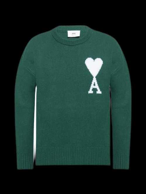 Ami Paris Ami De Coeur Merino Wool Oversized Crewneck Sweater Green/White