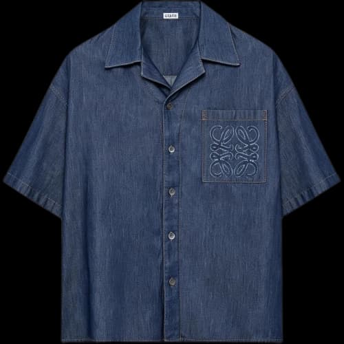 LOEWE Denim Shirts Men's Denim Blue Cuban Collar Moderate Straight Fit