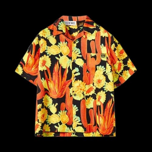 LOEWE Cactus Print Silk Bowling Shirt Black/Yellow