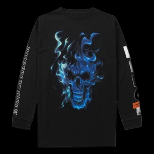 HERON PRESTON Blue Flame Skeleton Printing Long Sleeves Black