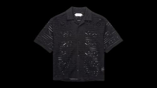 Honor The Gift Pointelle Crochet Camp Collar Shirt Black
