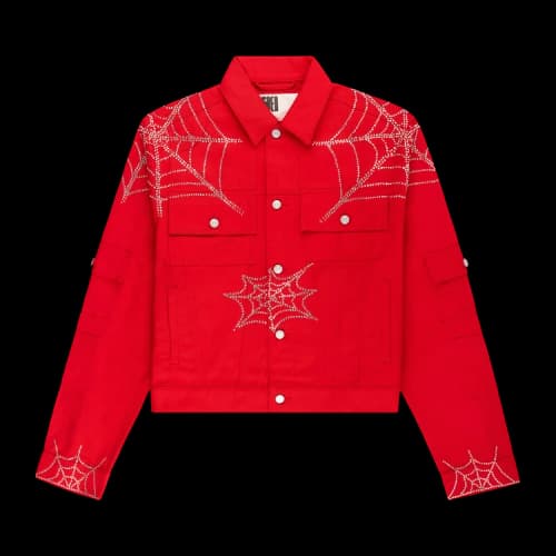 Sp5der Web Denim Cropped Trucker Jacket 'Red'