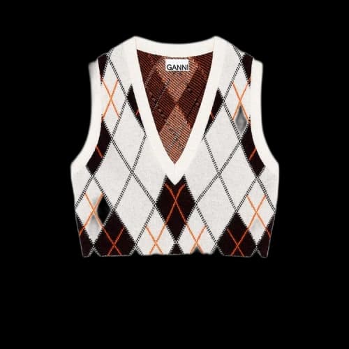 GANNI Harlequin Knit V-Neck Vest 'Egret'