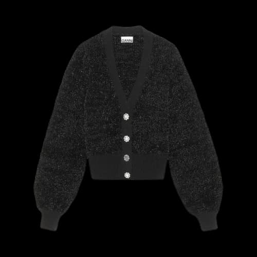 GANNI Sparkle Knit Puff-Sleeve Cardigan 'Black'