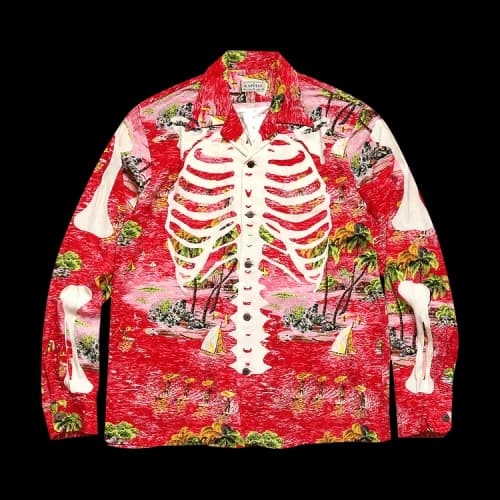Kapital Rayon Kamehameha Skeleton Print Open Collar Shirt 'Red'