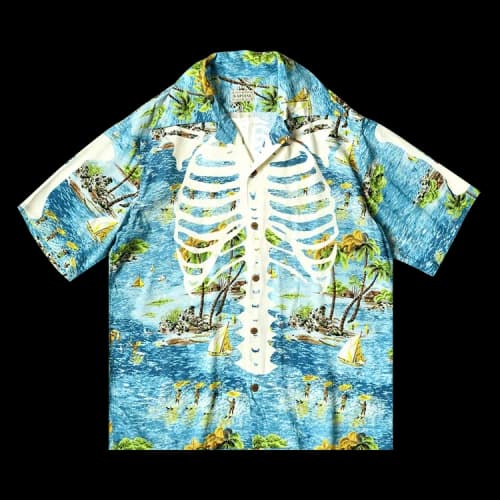 Kapital Rayon Kamehameha Bone Wrangle Collar Aloha Shirt 'Blue'