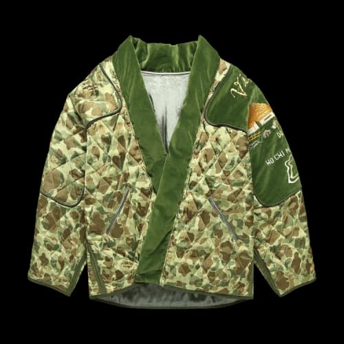 Kapital Rayon Satin Quilting Camo Kesa Sham Bomber Jacket (Beautiful Vietnam) 'Khaki'
