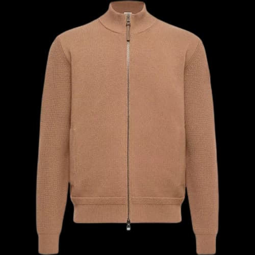 Moncler Cashmere Cardigans Men's Light Brown Stand Collar Moderate Straight Fit
