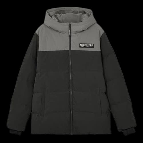 Skechers Contrast Color Letter Printed Hooded Down Jacket 'Black Grey'