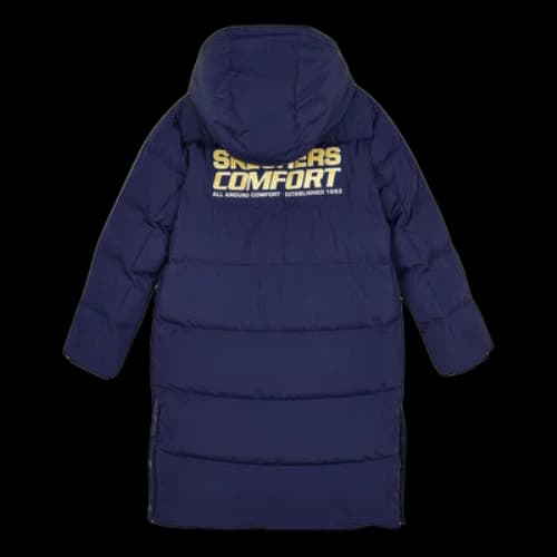 (GS) Skechers Letter Printed Woven Long Hooded Down Jacket 'Navy Yellow'