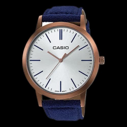 CASIO Quartz Leather Strap Watch Case Silver Dial 50m Waterproof Blue Analog