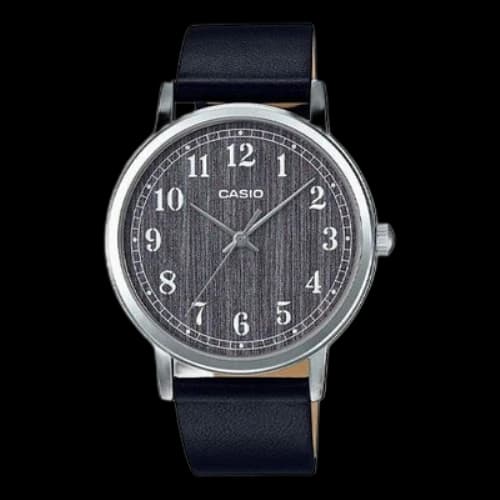 CASIO quartz Watch Wood Grain Surface Mineral Glass Stainless Steel Case Leather Strap Mens