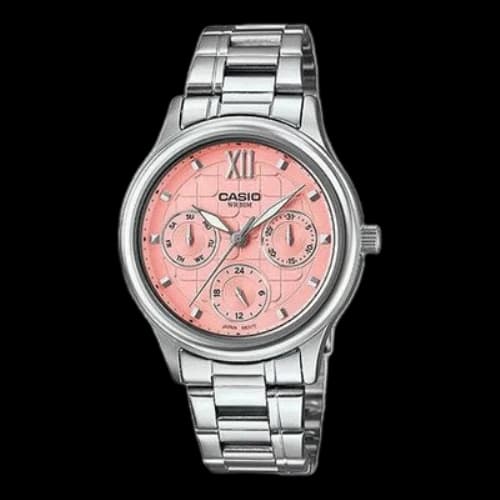 CASIO Waterproof Quartz Three Eyes Pink Dial 38mm Stainless Steel Strap Watch Analog