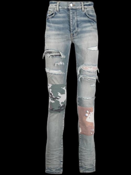 AMIRI Distressed Camoflage Slim-Fit Jeans Blue