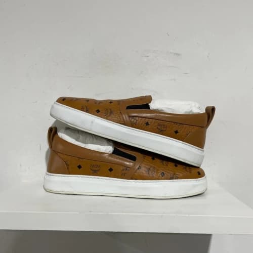 MCM Neo Terrain Slip-On Sneakers in Visetos Leather Mix Cognac