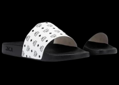 MCM Monogram Print Rubber Slides White Black