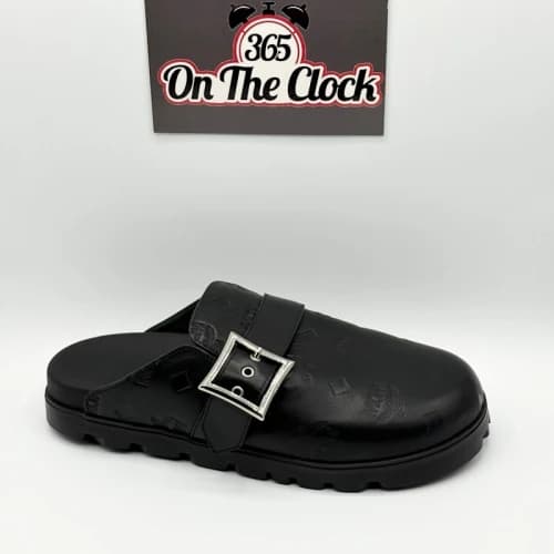 MCM Monogram Buckle Leather Flat Mule Black