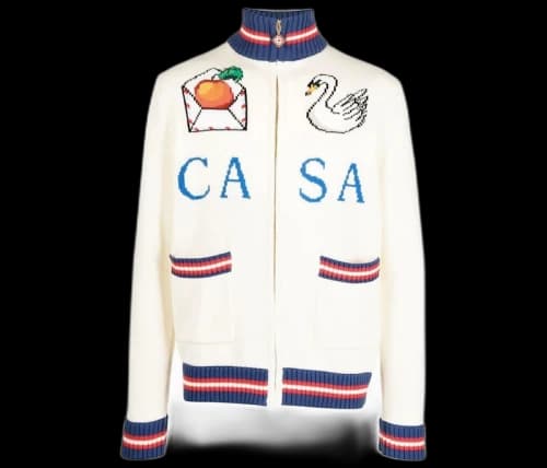 Casablanca Roll Neck Intarsia Knit Cardigan Off-White