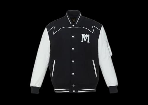 MCM Studded Varsity Jacket In Wool Felt and Lamb Leather Jacket Black White