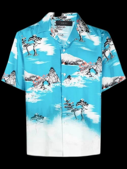 AMIRI Faded Aloha Silk Shirt Cyan Blue