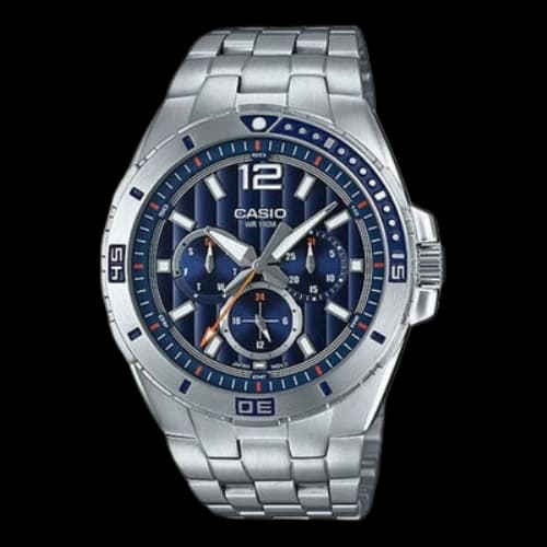 CASIO ENTICER Series Quartz Watch Stainless Steel Strap Blue Dial 100m Waterproof Analog Mens