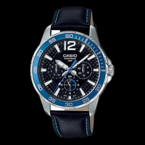 CASIO Quartz 100 Meter Waterproof Date Display Regular Timing 41mm Leather Strap Watch Mens Blue Analog