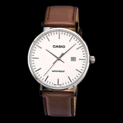 CASIO Waterproof Quartz White DialBrown Strap Mens WhiteBrown Analog